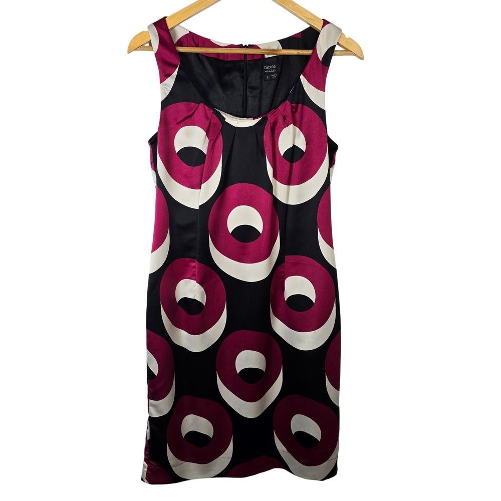 Nicole by Nicole Miller Black Pink Cream Geometric Circle Sheath Dress Size 8
